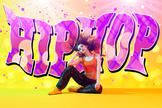 Young dancer posing against bright background with word Hip-hop. Creative poster