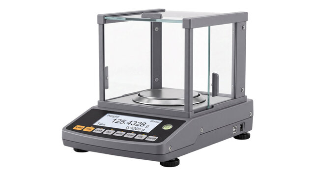 Precision digital laboratory balance scale with isolated on png transparent background