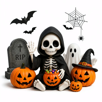 Spooky Halloween scene featuring a cute skeleton in a black hood, smiling jack-o'-lanterns, friendly ghost, witch hat, bats, spiderweb and tombstone isolated on white.
