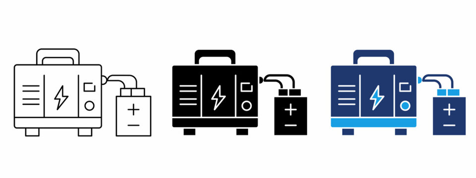Portable electric generator and battery icon. Symbol of power backup, energy station, battery charger, emergency electricity, voltage supply, power source, and off-grid technology.