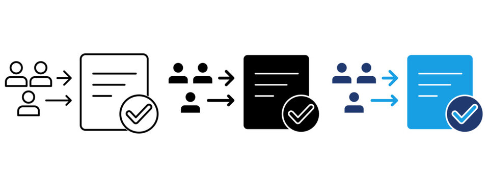Team document approval check mark icon. Symbol of group consent, project sign-off, collaborative review, shared contract agreement, team compliance, verified consensus, and collective policy.