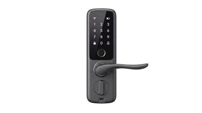 Smart door lock with digital keypad and lever isolated on png transparent background