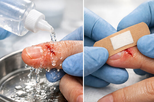 Gloved hands cleaning and bandaging a bleeding finger wound in a close up first aid treatment