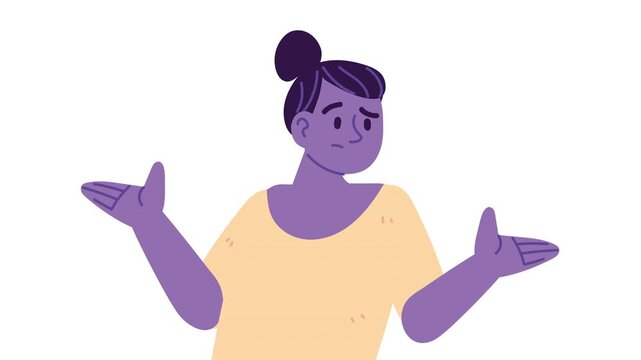 Animated woman shrugging shoulders in confusion as simple character motion graphic on white background.