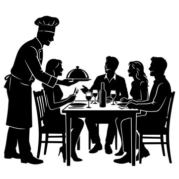 Chef presenting covered dish to guests at restaurant table silhouette
