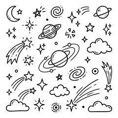Hand drawn space doodle set with planets stars comets and galaxies © mukul
