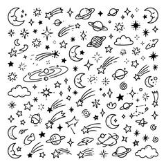 Hand drawn space doodle collection with planets stars moon and comets © mukul