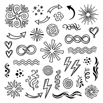 Set of hand drawn doodle cartoon energy elements and abstract shapes