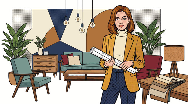 Retro pop-art comic vector illustration of a professional female designer presenting a modern home interior design