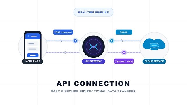 Flat motion animation of secure API connection for real-time data transfer between mobile and cloud.