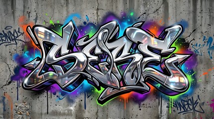Obraz premium Abstract silver graffiti lettering layered over a colorful urban wall, featuring sharp shapes, metallic highlights, spray paint textures, and dynamic street art energy.