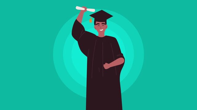Graduating student in cap and gown holds diploma with joy, celebrating achievement in dynamic animated background.