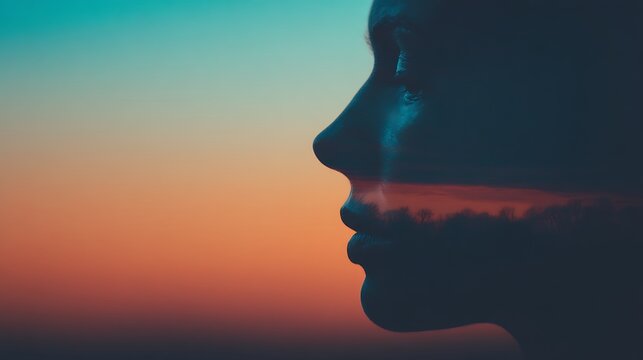 A double exposure silhouette of a person's profile merges with a sunset landscape featuring trees and a colorful sky.