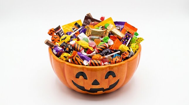 Full Halloween Candy Bowl Filled With Assorted Sweets In A Pumpkin Shaped Dish