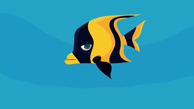 Animated black and yellow moorish idol fish swims gracefully in clear blue ocean water.