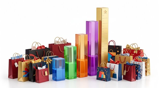 Shopping bags arranged like a bar graph with colorful glass pillars representing growth and success