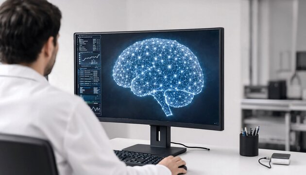 A male researcher working on a computer screen displaying a digital blue glowing artificial intelligence human brain concept