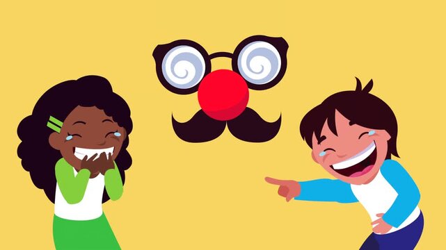 Interracial children laughing with funny joke glasses and clown nose animation on yellow background.