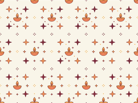Diwali seamless pattern with diyas and stars Vector repeating texture for festive wrapping, textiles, and holiday web design.