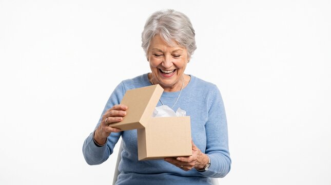Joyful senior woman opening a gift box with excitement and a big smile on her face