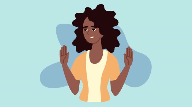 Afro american woman character avatar animated footage showing hands in surrender or calm gesture.
