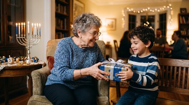 Grandmother gives Hanukkah gift to grandson in warm family gathering with menorah and dreidels