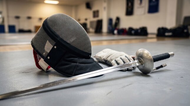 Fencing Equipment Resting on a Floor in a Gym.