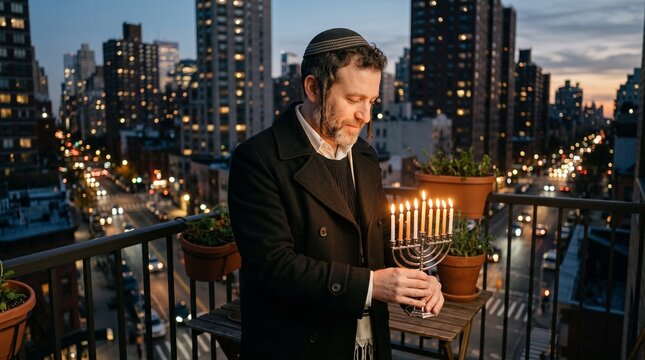 Orthodox Jewish Man Lighting Menorah Candles on City Balcony at Dusk