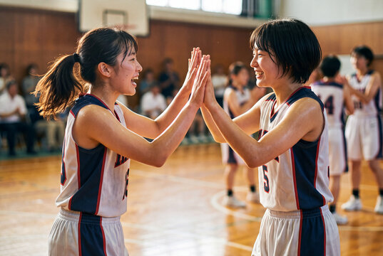 試合中に体育館でハイタッチして喜ぶ女子バスケットボール選手