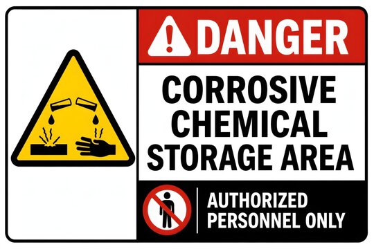 Corrosive Chemical Storage Area Danger Sign with Authorized Personnel Only Warning