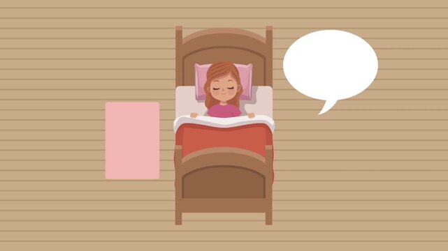 Little girl sleeping in bed animation showing top view perspective with empty speech bubble for dream text.