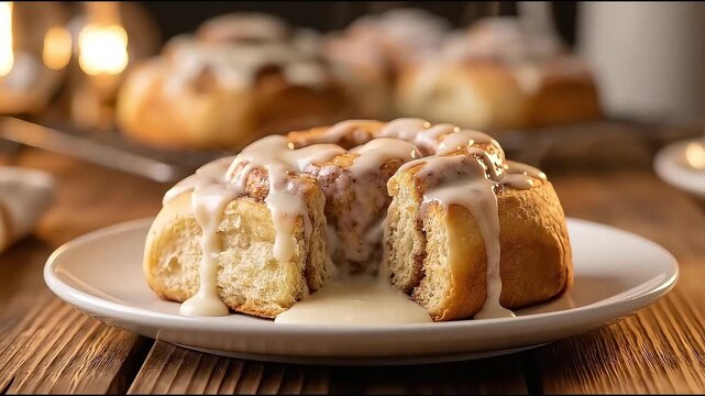 Close up footage of a warm cinnamon bun with sweet white icing dripping down.