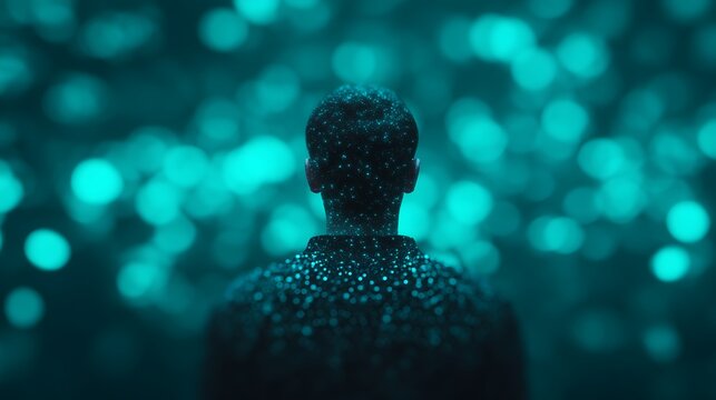 A silhouette of a person facing forward, composed of glowing blue dots against a blurred background of similar luminous orbs.