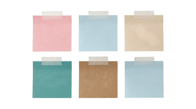 Collection of six square adhesive notes in various muted pastel shades isolated on a transparent background cutout