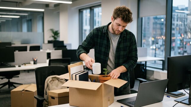 Man packing personal belongings into a box at his office desk after being laid off
