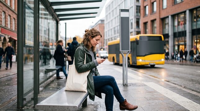 Woman sitting at bus stop checking phone with yellow bus passing by on a cloudy day
