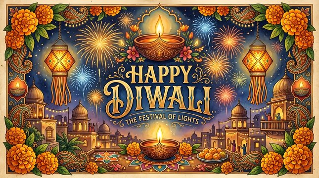 Happy diwali festival of lights greeting card with oil lamps and marigolds
