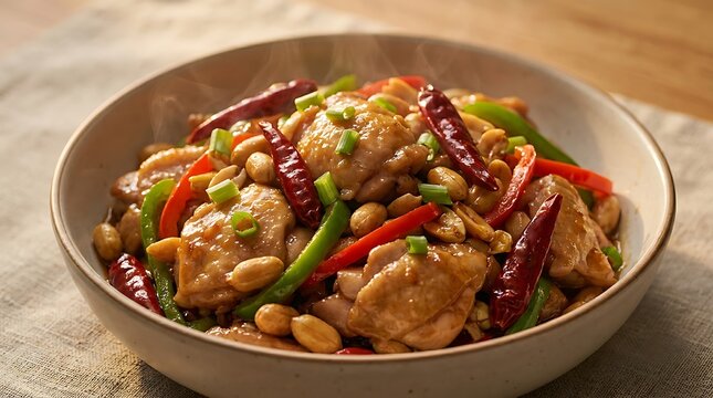 Stir fried chicken with peanuts and colorful bell peppers in a ceramic bowl. kung pao chicken