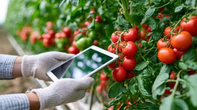 Farmer using digital tablet to inspect ripe red tomatoes growing in modern agricultural greenhouse facility.