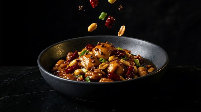 Kung pao chicken with peanuts and chili peppers falling into a black bowl. kung pao chicken