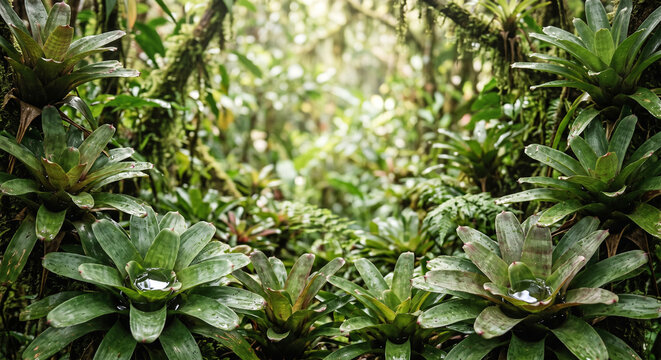 Tropical bromeliad rosettes holding fresh water in a lush green jungle setting