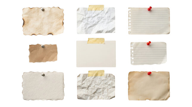 Collection of aged paper scraps and lined note fragments isolated on transparent background for creative design projects