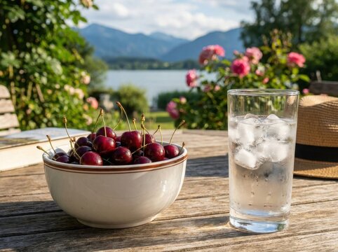 Fresh cherries and cold drink on wooden table outdoors , Harvest picking season, Fresh healthy fruits.