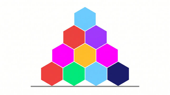 Flat vector illustration of a pyramid structure formed by colorful interconnected hexagon blocks, suitable for business infographics, hierarchy diagrams, and abstract geometric design concepts.