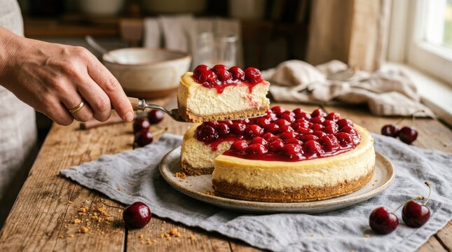 Delicious cheesecake with cherry topping being served , Harvest picking season, Fresh healthy fruits.