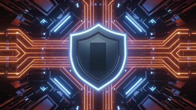 Abstract cyber defense system with glowing lines and protective layers, no symbols