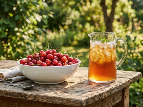 Fresh cherries and iced tea outdoors , Harvest picking season, Fresh healthy fruits.