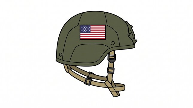 Military combat helmet in olive green color featuring an American flag patch isolated on a plain white digital art background