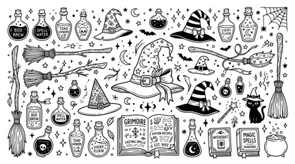 Hand-drawn Halloween witch set, magic potion bottles, classic broomstick, spellbook, flying cat, crescent moon, black and white vector sketches for design and patterns © sajjadhossain