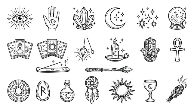Mystical Symbols and Esoteric Magic Signs. Tarot Cards, Crystals, Pentacle. Wicca, Witchcraft, Occult Doodles Collection. Hand Drawn Vector Elements for Occultism.